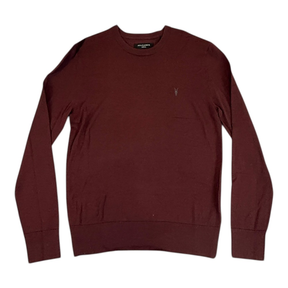 AllSaints Mens Burgundy 100% Merino Wool Crew Neck Ramskull Sweater Size Medium